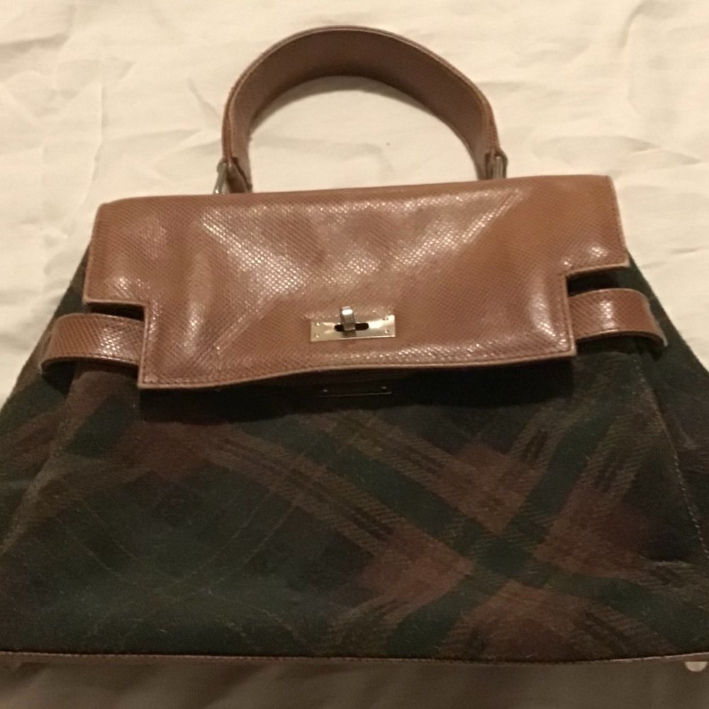green plaid purse with brown leather trim
